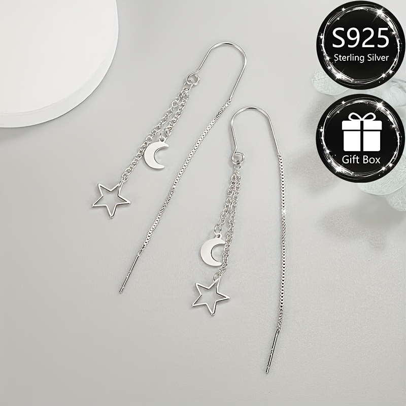 Fashionable S925 Silvery Tassel Long Earrings with Star and Moon Design